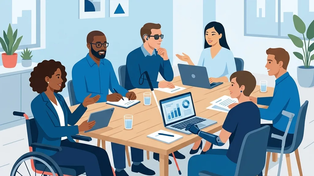Equipe de consultores da SERPCD reunida em mesa de escritório moderno planejando estratégias de inclusão